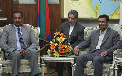 Eritrea tyrant Isaias Afwerki (left) meets with President Mahmoud Ahmadinejad (right) in Tehran, 20 May 2008.